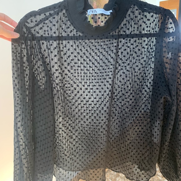 Zara Sheer Mock Neck Balloon Sleeve Top - Picture 2 of 8